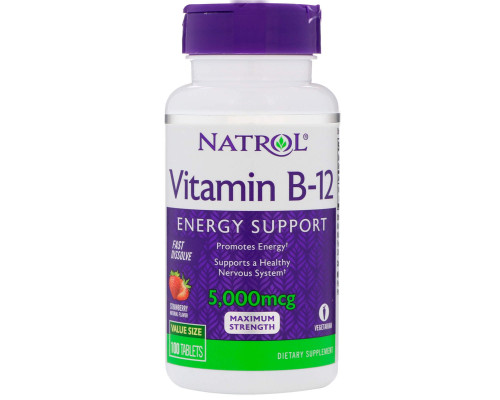 Витамин В12, вкус клубники, Vitamin B-12, Natrol, 5000 мкг, 100 таблеток