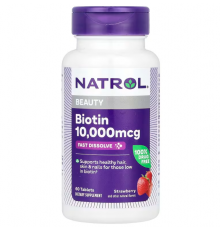 Биотин, Biotin, Natrol, клубника, 10000 мкг, 60 таблеток
