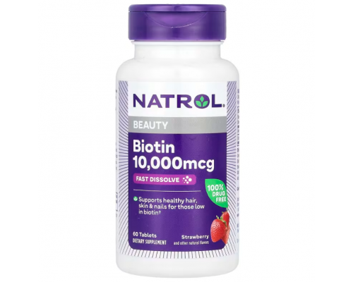 Биотин, Biotin, Natrol, клубника, 10000 мкг, 60 таблеток