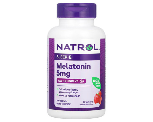 Мелатонин быстрого высвобождения, вкус клубники, Melatonin Fast Dissolve, Natrol, 5 мг, 150 таблеток