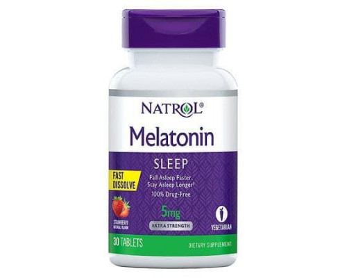 Мелатонин, Melatonin, Natrol, быстрорастворимый, вкус клубники, 5 мг, 30 таблеток