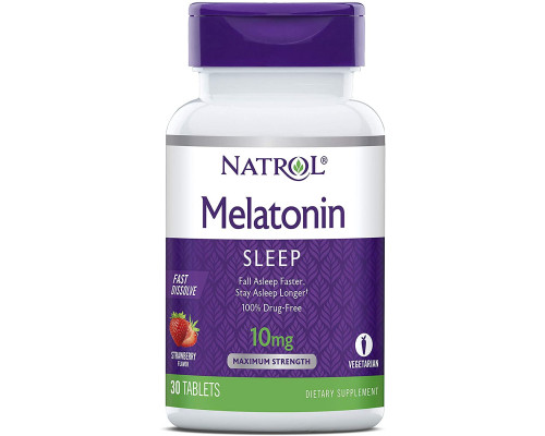 Мелатонин, Melatonin, Natrol, быстрорастворимый, вкус клубники, 10 мг, 30 таблеток