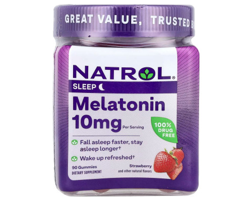Мелатонин, Melatonin Gummies, Natrol, вкус клубника, 10 мг, 90 жевательных конфет (5 мг в каждой жевательной конфете)