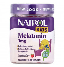 Мелатонин для детей от 4 лет, Kids, Melatonin Gummies, Natrol, со вкусом малины, 1 мг, 90 жевательных конфет