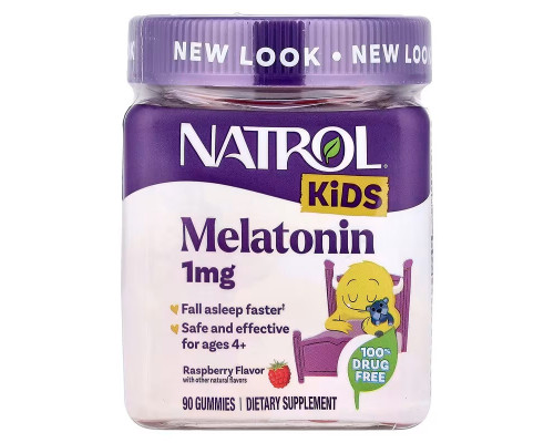 Мелатонин для детей от 4 лет, Kids, Melatonin Gummies, Natrol, со вкусом малины, 1 мг, 90 жевательных конфет