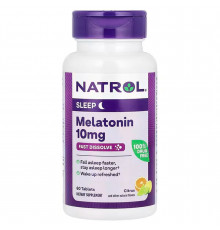 Мелатонин, Melatonin, Natrol, быстрорастворимый, максимальная сила, цитрусовый, 10 мг, 60 таблеток для рассасывания
