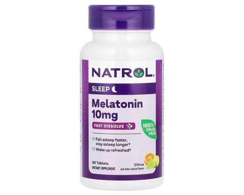 Мелатонин, Melatonin, Natrol, быстрорастворимый, максимальная сила, цитрусовый, 10 мг, 60 таблеток для рассасывания