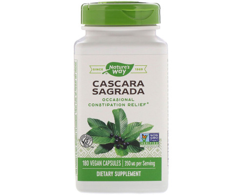 Каскара саграда, Cascara Sagrada, Nature's Way, старая кора, 350 мг, 180 веганских капсул