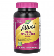 Мультивитамины для волос, кожи и ногтей, Hair, Skin & Nails Gummies, Nature's Way, Alive! клубника, 60 жевательных конфет