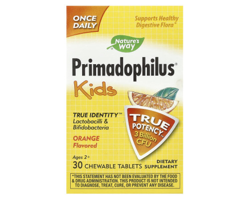 Пробиотики для детей, Primadophilus, Nature's Way, для детей от 2 лет, со вкусом апельсина, 3 млрд КОЕ, 30 жевательных таблеток