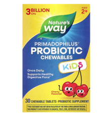 Пробиотики для детей, Primadophilus® Kids Probiotic Chewable, для детей от 2 лет, с вишнёвым вкусом, 3 млрд КОЕ, 30 жевательных таблеток