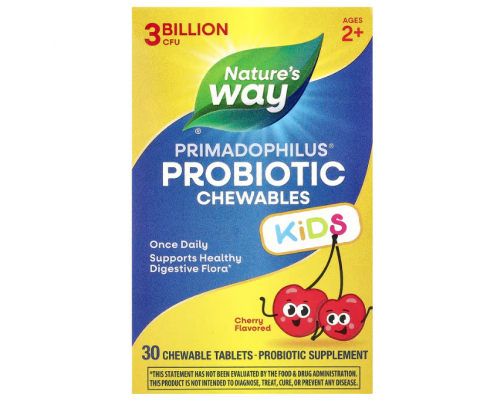 Пробиотики для детей, Primadophilus® Kids Probiotic Chewable, для детей от 2 лет, с вишнёвым вкусом, 3 млрд КОЕ, 30 жевательных таблеток