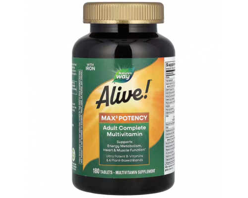 Мультивитамины с железом, Adult Complete Multivitamin, Natures Way, Alive! для взрослых, 3 таблетки в день, 180 таблеток