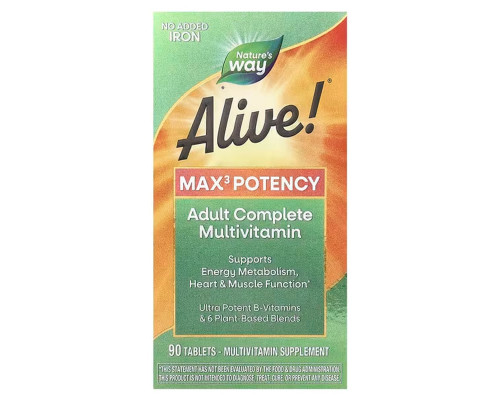 Мультивитамины, 3 в день, Alive!® Max3 Potency, Nature's Way, без железа, 90 таблеток