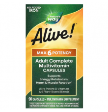 Мультивитамины, Alive!, Adult Complete Multivitamin, Nature's Way, без добавления железа, 90 капсул