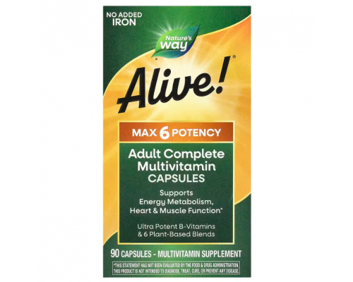 Мультивитамины, Alive!, Adult Complete Multivitamin, Nature's Way, без добавления железа, 90 капсул