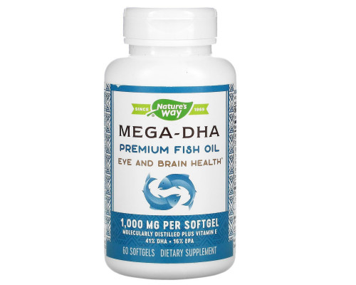 Рыбий жир + витамин Е, Mega-DHA, Nature's Way, концентрат, 1000 мг, 60 гелевых капсул