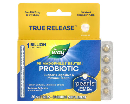 Пробиотики, Primadophilus Reuteri Pearls, Nature's Way, 1 млрд КОЕ, 30 гелевых капсул