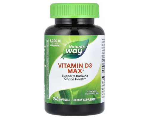 Витамин D-3, Vitamin D3 Max, Nature's Way, максимальная сила, 125 мкг (5000 МЕ), 240 гелевых капсул