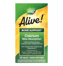 Кальций, D3, К2 и магний, Alive! Calcium, Max Absorption, Nature's Way, Alive!, укрепление костей, максимальное усвоение, 120 вегетарианских таблеток