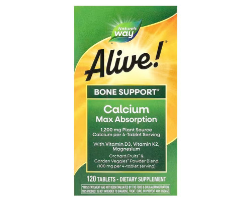 Кальций, D3, К2 и магний, Alive! Calcium, Max Absorption, Nature's Way, Alive!, укрепление костей, максимальное усвоение, 120 вегетарианских таблеток