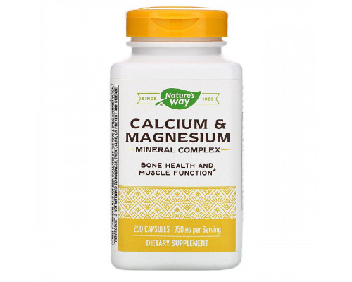 Кальций и магний, Calcium & Magnesium, Nature's Way, минеральный комплекс, 750 мг, 250 капсул (250 мг в капсуле)