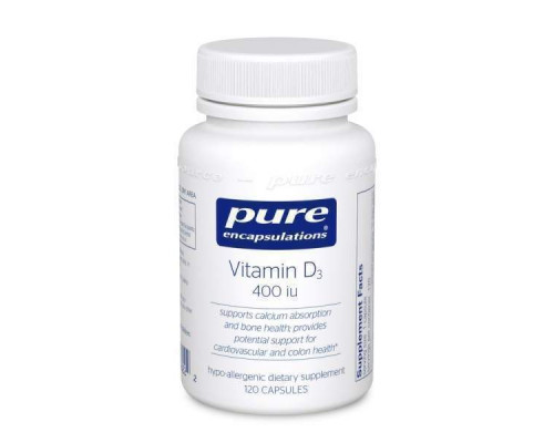 Витамин D3, Vitamin D3, Pure Encapsulations, поддержка для здоровья костей, груди, простаты, сердечно-сосудистой системы, толстой кишки и иммунитета, 400 МЕ, 120 капсул
