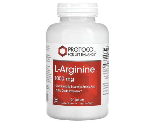 L-аргинин, L-Arginine, Protocol for Life Balance, 1000 мг, 120 веганских таблеток