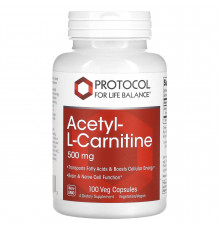 Ацетил-L-карнитин, Acetyl-L-Carnitine, Protocol for Life Balance, 500 мг, 100 веганских капсул