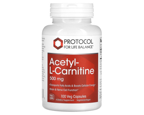 Ацетил-L-карнитин, Acetyl-L-Carnitine, Protocol for Life Balance, 500 мг, 100 веганских капсул
