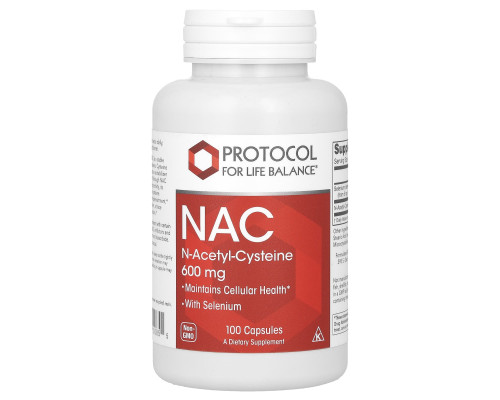 Ацетилцистеин, NAC N-Acetyl-Cysteine, Protocol for Life Balance, 600 мг, 100 капсул