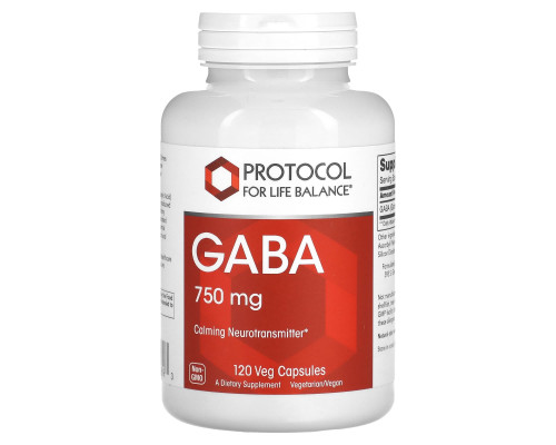 Гамма-аминомасляная кислота, ГАМК, GABA, Protocol for Life Balance, 750 мг, 120 веганских капсул