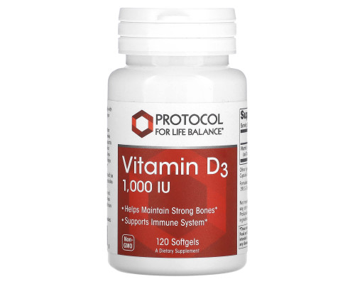 Витамин D3, Vitamin D3, Protocol for Life Balance, 1000 МЕ, 120 гелевых капсул