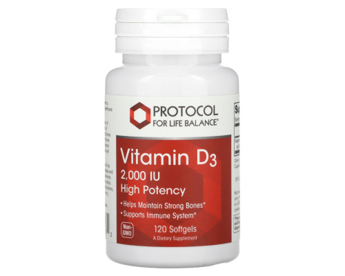 Витамин D3, Vitamin D3, Protocol for Life Balance, высокая эффективность, 2000 МЕ, 120 гелевых капсул