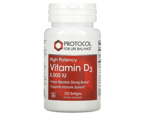 Витамин D3, Vitamin D3, Protocol for Life Balance, 5000 МЕ, 120 гелевых капсул