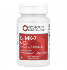 Витамины K2 (MK-7) и D3, K2 MK-7 & D3, Protocol for Life Balance, 60 капсул