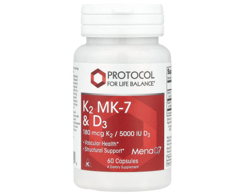 Витамины K2 (MK-7) и D3, K2 MK-7 & D3, Protocol for Life Balance, 60 капсул