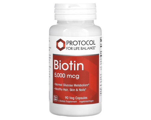 Биотин, Biotin, Protocol for Life Balance, 5000 мкг, 90 веганских капсул