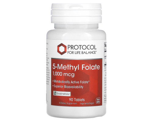 Метилфолат, 5-Methyl Folate, Protocol for Life Balance, 1000 мкг, 90 веганских таблеток