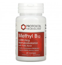 Метилкобаламин с фолиевой кислотой, Methyl B12, Protocol for Life Balance, 5000 мкг, 60 пастилок