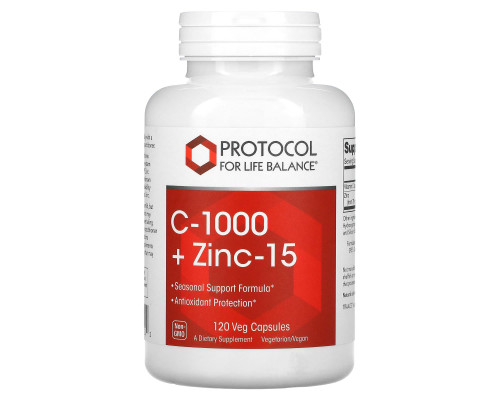 Витамин C + цинк, C-1000 + Zinc-15, Protocol for Life Balance, 1000 мг/15 мг, 120 веганских капсул