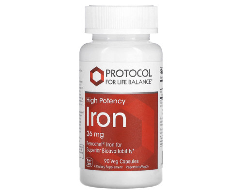 Железо, Iron, Protocol for Life Balance, высокая эффективность, 36 мг, 90 веганских капсул