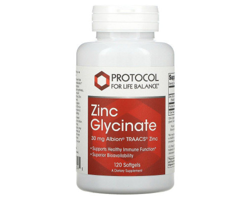 Глицинат цинка, Zinc Glycinate, Protocol for Life Balance, 30 мг, 120 гелевых капсул