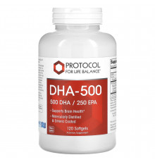 Докозагексаеновая кислота (ДГК), DHA-500, Protocol for Life Balance, 500 ДГК/250 ЭПК, 120 гелевых капсул
