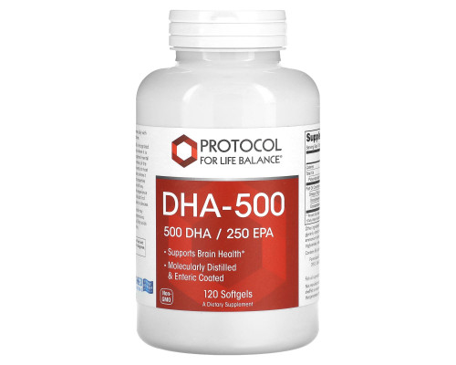 Докозагексаеновая кислота (ДГК), DHA-500, Protocol for Life Balance, 500 ДГК/250 ЭПК, 120 гелевых капсул