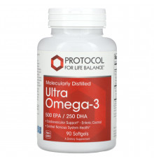 Омега-3 Ультра, Ultra Omega-3, Protocol for Life Balance, молекулярно-дистиллированная, 500 ЭПК/250 ДГК, 90 гелевых капсул