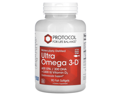 Омега-3 Ультра с витамином D3, Ultra Omega 3-D, Protocol for Life Balance, молекулярно-дистиллированная, 600 ЭПК/300 ДГК, с лимонным маслом, 90 рыбных гелевых капсул