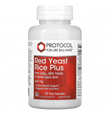Красный дрожжевой рис, комплекс, Red Yeast Rice Plus with CoQ10, Milk Thistle & Alpha-Lipoic Acid, Protocol for Life Balance, поддержка печени, сердца и сосудов, 600 мг, 90 веганских капсул PRT-13321