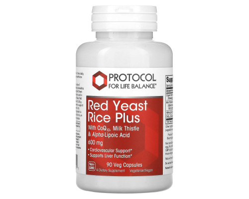 Красный дрожжевой рис, комплекс, Red Yeast Rice Plus with CoQ10, Milk Thistle & Alpha-Lipoic Acid, Protocol for Life Balance, поддержка печени, сердца и сосудов, 600 мг, 90 веганских капсул PRT-13321
