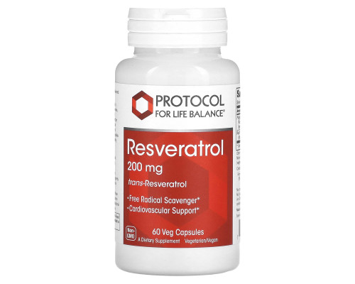 Ресвератрол, Resveratrol, Protocol for Life Balance, 200 мг, 60 веганских капсул